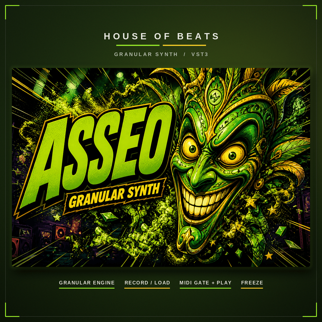 Asseo granular synth cover — lime comic mask, GRANULAR SYNTH banner, House of Beats