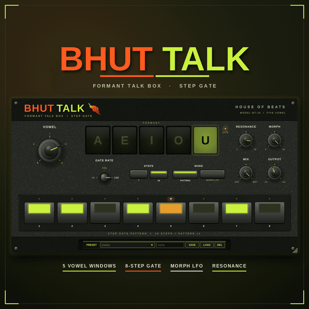 BhutTalk cover — lime ghost pepper on waveform, BHUTTALK, SEQUENCED VOWEL CHOPS