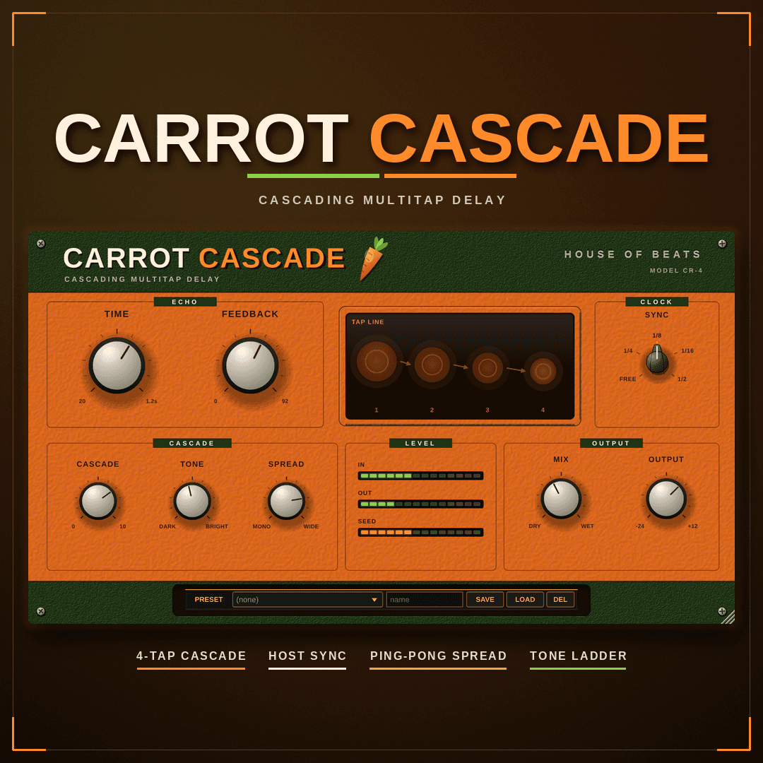 CarrotCascade cover — multitap delay + resonant ladder + ping-pong