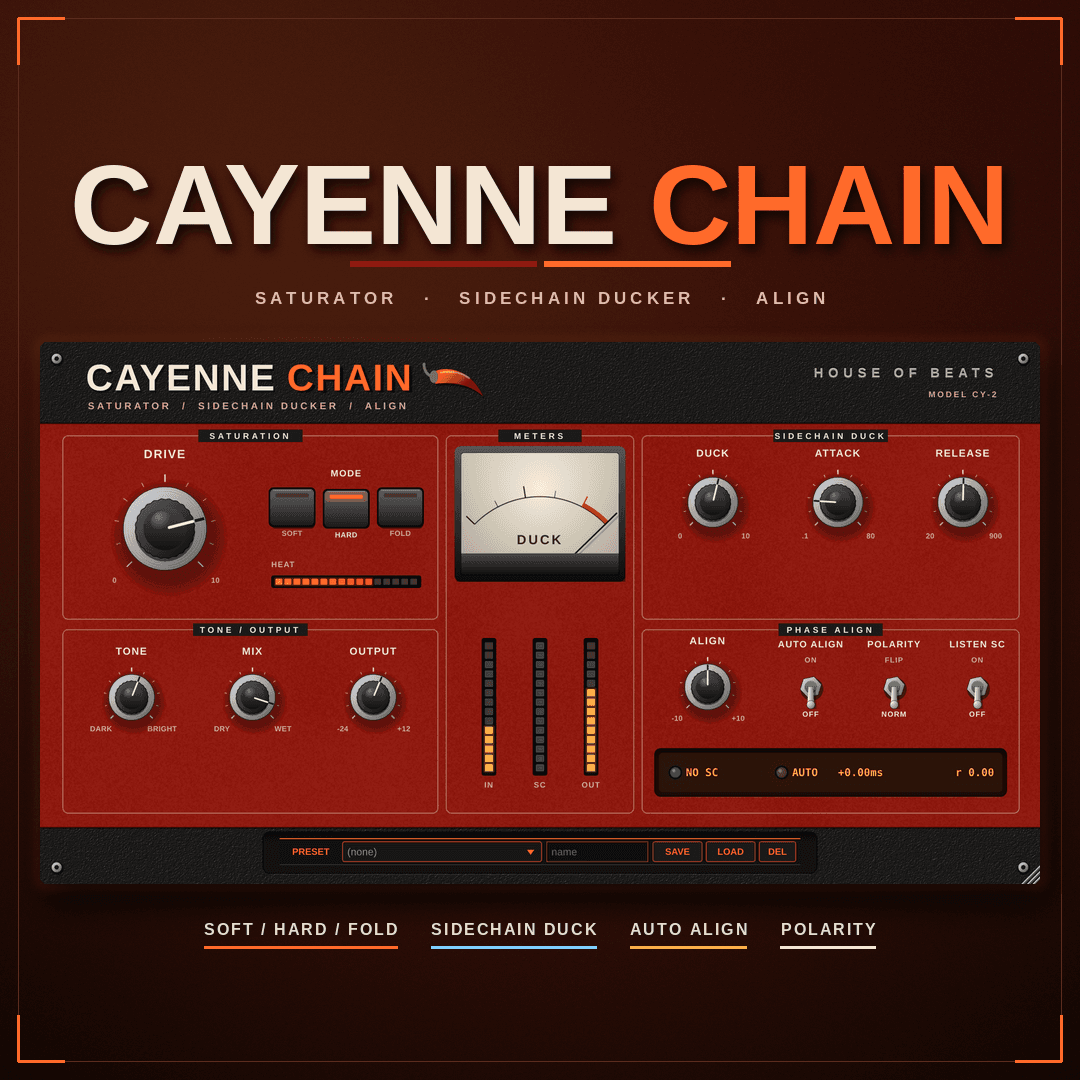 CayenneChain cover — cayenne pepper chain on dark red-orange rings, CAYENNECHAIN, FUZZ · KICK SIDECHAIN · AUTO ALIGN, HOUSE OF BEATS