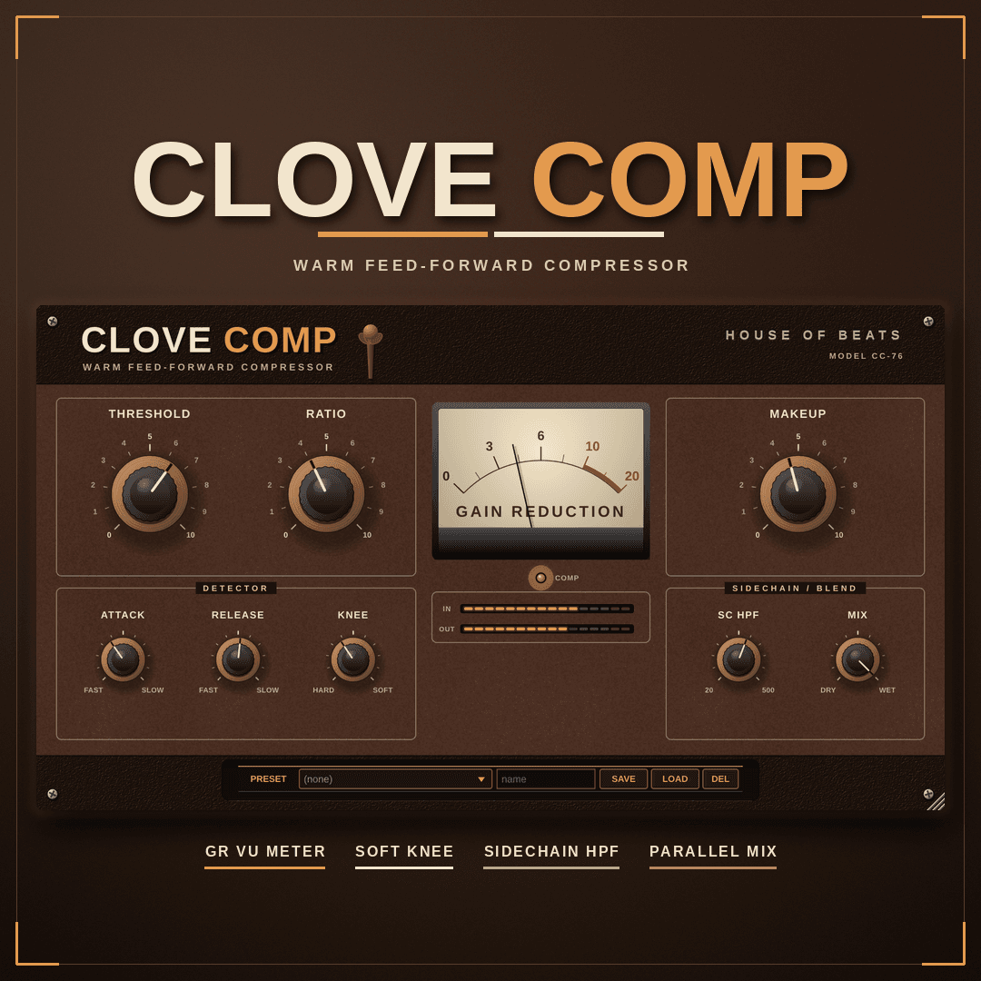 CloveComp artwork — red meter needles and mix slider
