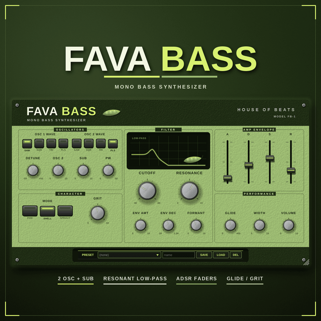 FavaBass cover — mono bass synthesizer, green hardware panel