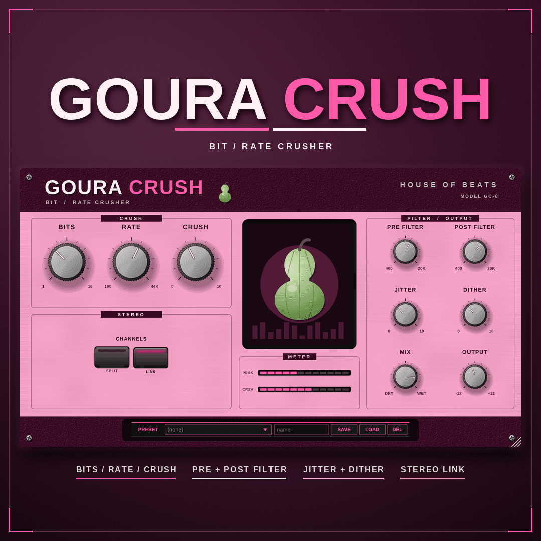 GouraCrush neon-pink bit crusher cover — crushed scope and bit ladder