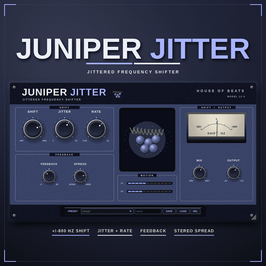 JuniperJitter cover — dark grid, green juniper-branch jitter dots, FREQ SHIFT + MICRO JITTER