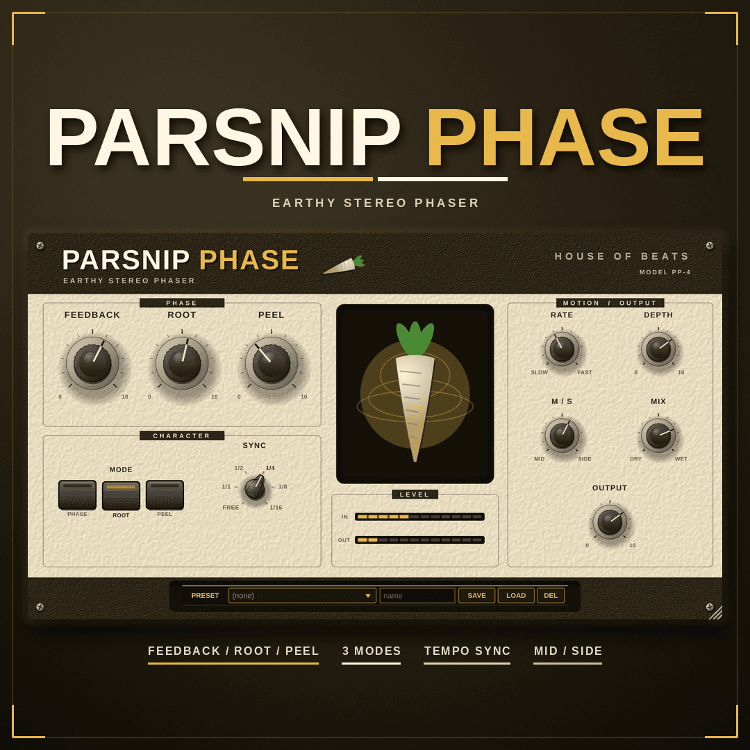 ParsnipPhase cover — earthy stereo phaser, cream hardware panel