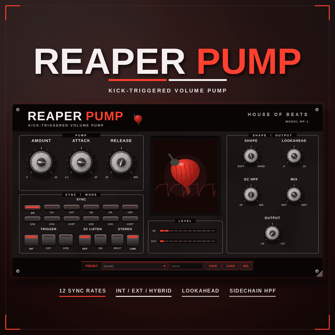 ReaperPump lookahead ducker cover — black reaper, deep red glow, neon green SIDECHAIN