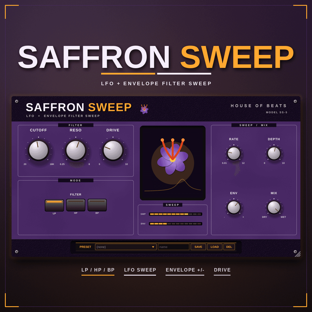 SaffronSweep plugin GUI — cutoff, resonance, and sweep shapes
