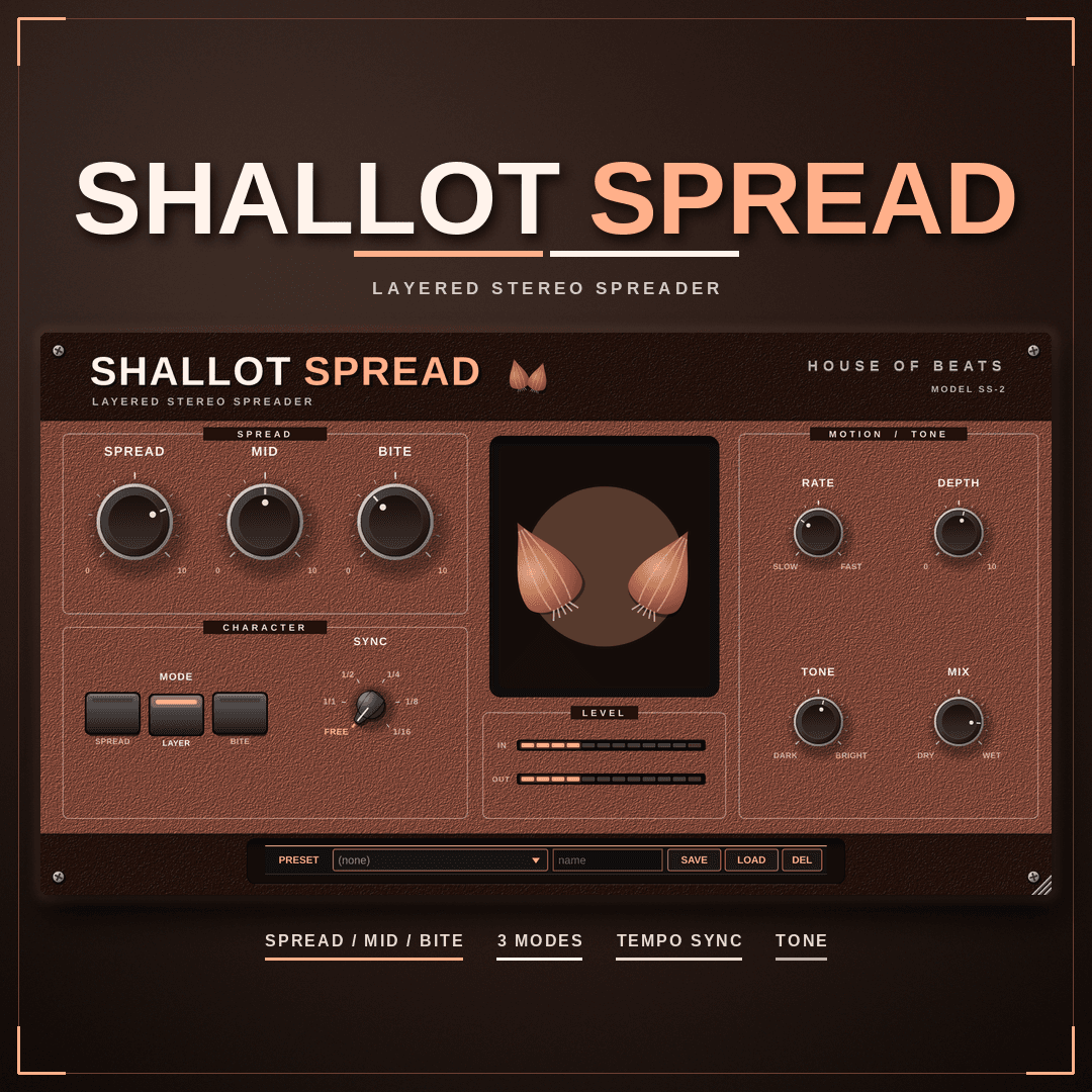 ShallotSpread cover — layered stereo spreader, copper hardware panel