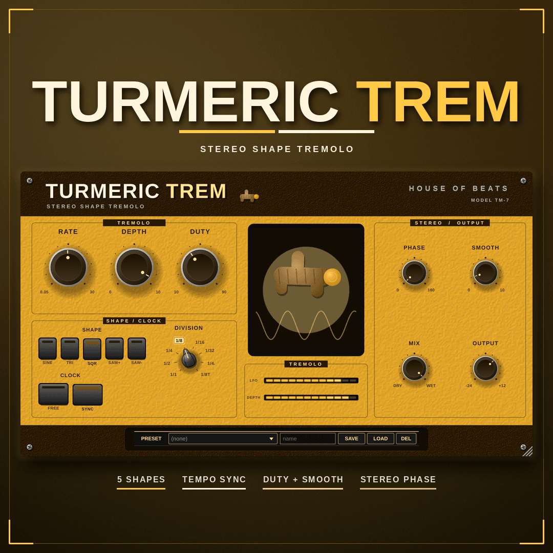 TurmericTrem stereo tremolo cover — turmeric-gold LFO