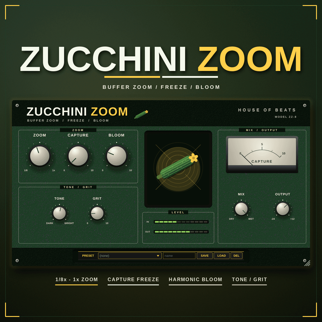 ZucchiniZoom cover — dark field, neon zucchini rings, BUFFER ZOOM · FREEZE · HARMONIC BLOOM
